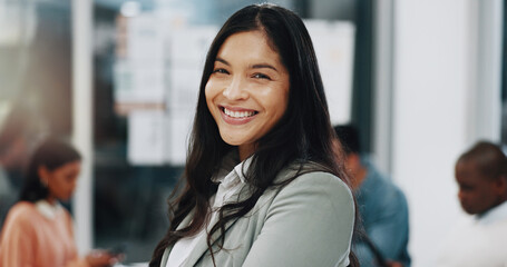 Canvas Print - Boardroom, businesswoman and portrait with smile for meeting, productivity and positive attitude with pride. Office, colleagues and designer with confidence for creative agency, startup and workplace