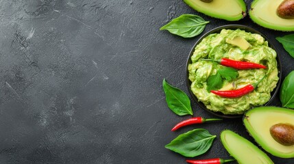 Wall Mural - Guacamole with Red Chili Peppers and Basil on Black Background