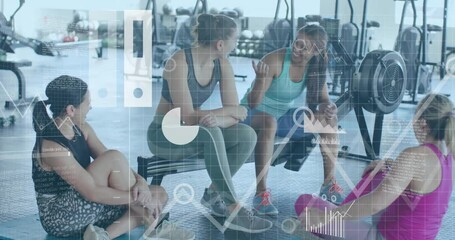 Poster - animation of diagrams and data processing over diverse women talking at gym