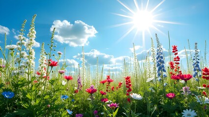 Wall Mural - a vibrant meadow filled with colorful wildflowers blooming under a bright blue sky with fluffy white
