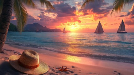 Beautiful tropical beach with a vibrant sunset, palm trees, and a straw hat in the sand, with boats sailing in the distance at dusk