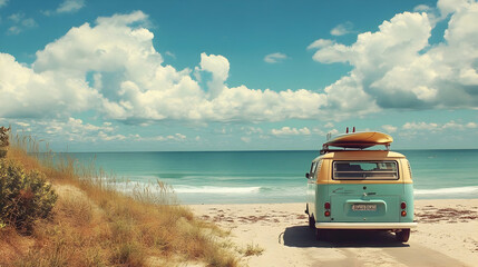 A vintage van parked by the beach with surfboards, under a bright sky and calm ocean.