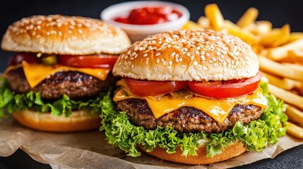 Delicious Cheeseburger with Lettuce  Tomato  and Pickles  Served with French Fries