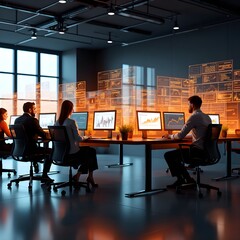 a team of professionals in a futuristic office analyzing global data on a large screen, the room is 