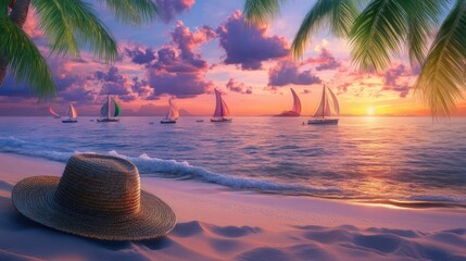 Wall Mural - Serene beach scene at sunset with palm trees, a straw hat resting on the sand, and vibrant boats sailing across the horizon at dusk