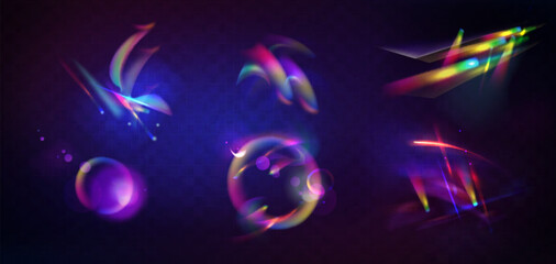 Poster - Rainbow colored flare effect. Realistic 3d vector illustration set of abstract iridescent hologram light refraction through prism or crystal glare elements on transparent overlay background.
