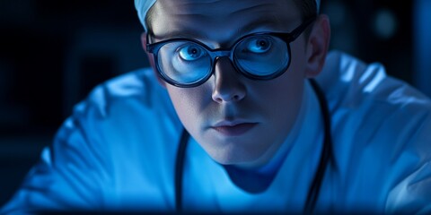 Aufkleber - A focused scientist in a lab coat with glasses, immersed in work. The blue tones create a dramatic atmosphere, highlighting creativity and innovation in research. 