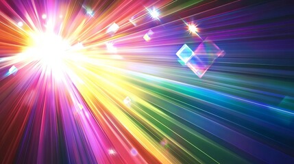 Wall Mural - A colorful rainbow effect shines through a prism, creating sparkling diamond-like flares. This is a vector background with a shimmering, sun-like glow.