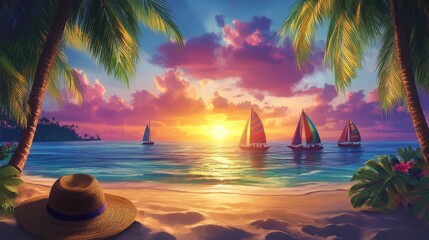 Wall Mural - Vibrant tropical beach landscape with a serene sunset, palm trees swaying, and a straw hat lying in the sand, with colorful boats sailing at dusk