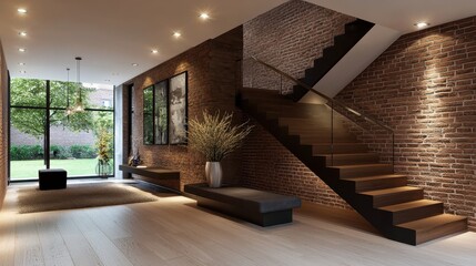 Poster - Modern Interior Design with Brick Wall  Wooden Stairs and Glass Railing