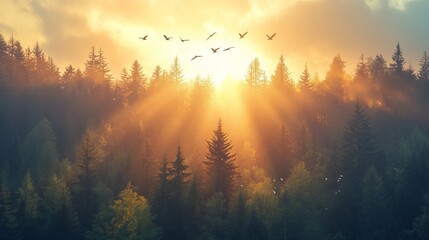 Wall Mural - The sun rises over the forest, creating a bright burst of light. Birds fly high above the trees, enjoying the new day.