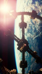 Wall Mural - unidentified alien spaceship flying near earth elements furnished by nasa, vertical