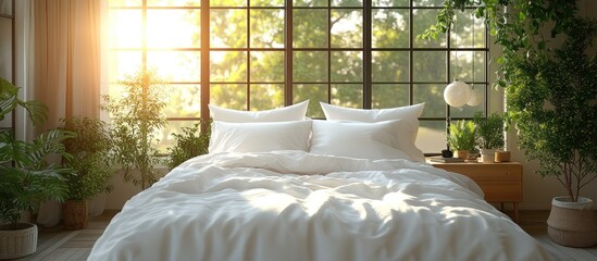 Canvas Print - A Modern Bedroom with Sunlight Streaming Through the Window