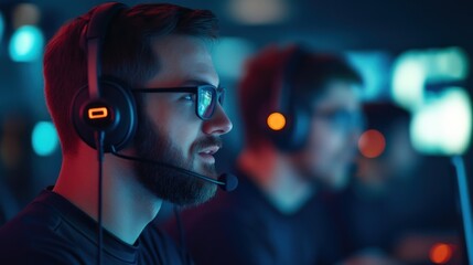 Poster - Gamer with Headset in Neon Light.