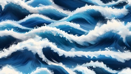 Rhythmic ocean waves in classic blue and white creating a seamless nautical pattern for maritime decor and apparel