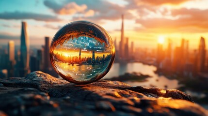 Poster - Cityscape Reflected in Crystal Ball at Sunset.