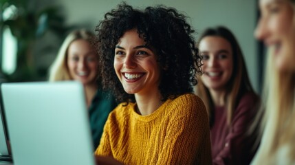 Poster - Happy Female Friends Working Together on Laptop.
