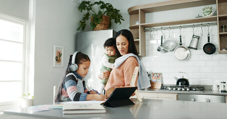 Poster - Tablet, learning and child in kitchen with mom for online education, school project and math lesson. Family, digital tech and young girl with homework for research, studying and abacus for counting