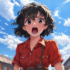 A young girl, blushing and alone, gazes at the audience under a bright blue sky, her short brown hair framing her cute face.