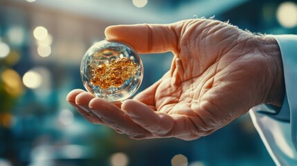 Poster - Hand Holding Glass Sphere with Golden Objects.