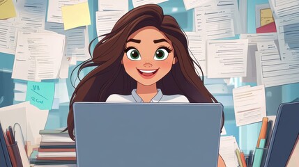 A cartoon woman with long brown hair diligently crafting her resume at a computer, embodying determination and focus.