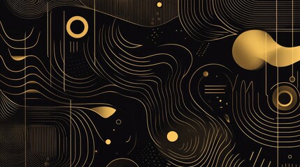 Geometric line art illustration of abstract shapes featuring straws in black and gold pattern for modern wallpaper design