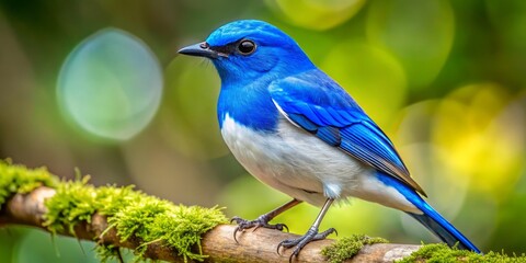 Vibrant blue and white bird perched on a rustic tree branch, its feathers ruffled by a gentle breeze,