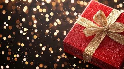 Poster - Red and Gold Gift Box with Bokeh Lights Background