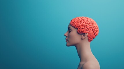 Poster - Woman with Brain on Head - Blue Background.