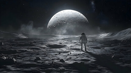 Wall Mural - An astronaut stands on a lunar landscape, gazing at a large moon in a starry sky.