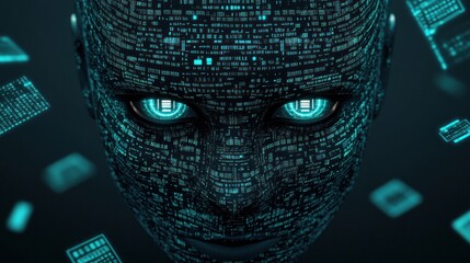 Poster - Digital Face with Glowing Eyes.
