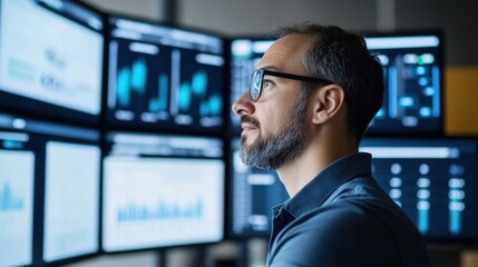 Poster - Man Looking at Computer Screens with Data