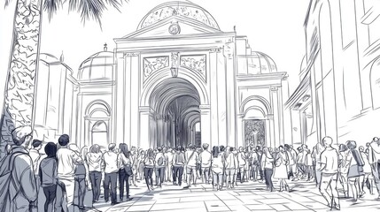 Line art illustration of people and tourists queuing near a basilica entrance on a sunny summer day