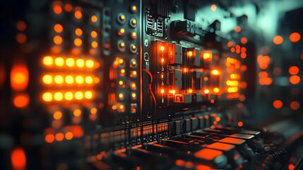 Poster - Close-up of a circuit board with glowing components, showcasing technology and innovation.