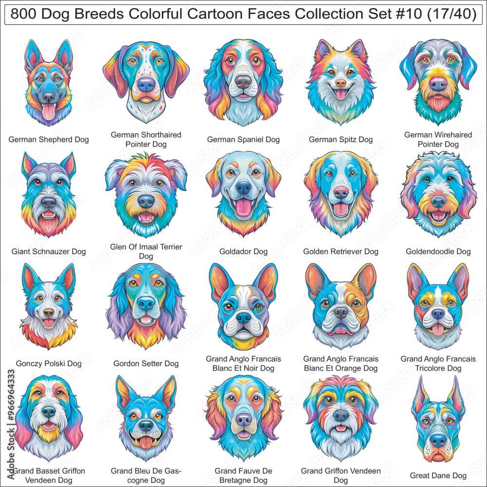 Dog Breeds Colorful Cartoon Dog Faces Collection Set of 800 Dog Faces ...