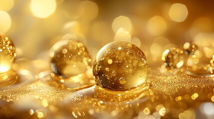 Wall Mural - Close-up of golden droplets on a shimmering surface, creating a luxurious and elegant effect.