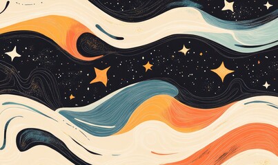 Bright vintage line art illustration featuring an abstract shiny background with stars