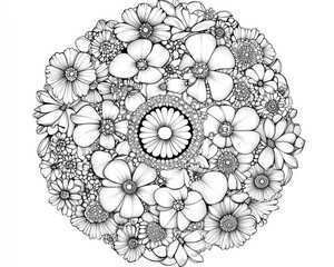 Line art illustration of a circular floral design in mehndi style perfect for a coloring book page Stress relief imagery for both adults and children Doodle ornament in monochrome