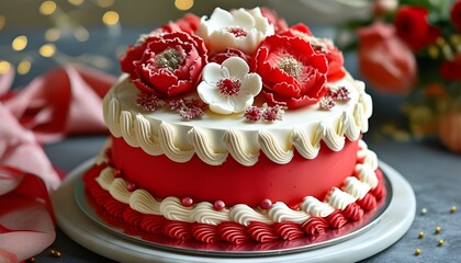 Luxurious red fondant cake featuring delicate white sugar flowers, perfect for celebrations, wedding invitations, and festive events with intricate design details.