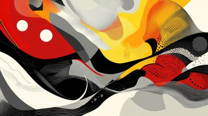 Poster - Abstract line art illustration featuring a design in red yellow black and a variety of gray tones