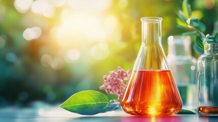 Poster - Natural Essential Oil in Glass Flask with Flowers and Leaves.
