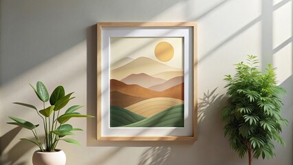 Symmetrical A framed wall art piece with abstract sun hills and plant elements casting a shadow on a wall conveying a calm and natural atmosphere