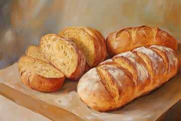 Oil painting depicting delicious bread displayed on a table in close up