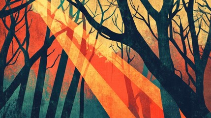 retro illustration of a beam of light passing through crooked tree branches in a natural forest sett