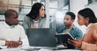 © PeakPoints/peopleimages.com - Business people, laptop and discussion in office for collaboration, brainstorming and creative agency. Startup, planning and partnership in workplace for teamwork, strategy or proposal with diversity