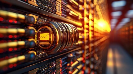 Fototapete - Data Center Server Room with Golden Lights.