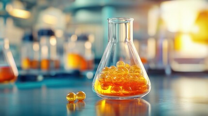 Poster - Lab Glass Flask with Yellow Spheres
