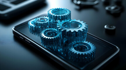 Poster - Gears displayed on a smartphone screen, symbolizing technology and innovation.