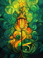 Wall Mural - Elegant Christmas Tree Abstract with a gold metal lantern capturing the essence of New Year holiday in a handmade Art Nouveau style 2D cartoon illustration