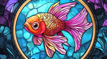 Stained glass illustration featuring vibrant pink goldfish set against a water backdrop presented in a round image with a bright frame